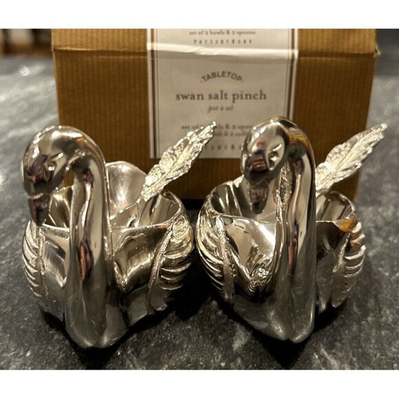 POTTERY BARN Swan Open Salt Pinch Cellar w/ Spoon SET OF 2 - Silver tone Metal - Picture 1 of 4